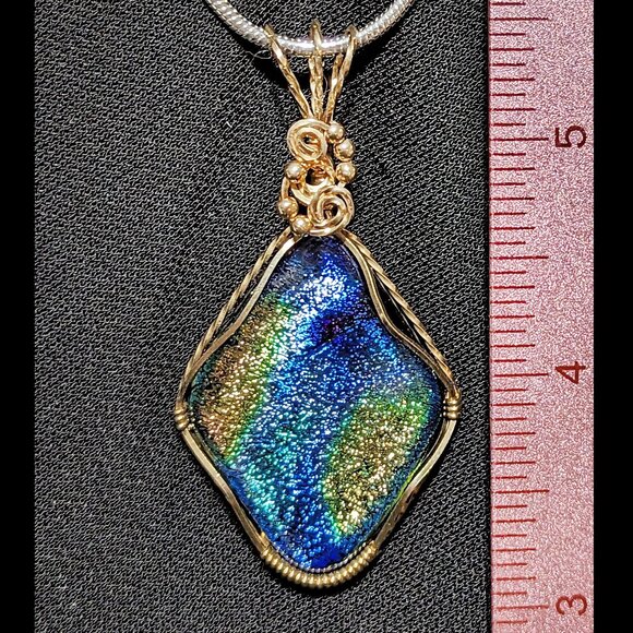 Rula Glass Jewelry - Precious SIGNED Blue, Yellow Dichroic 14k Gold-Filled Wire-Wrapped Glass Pendant